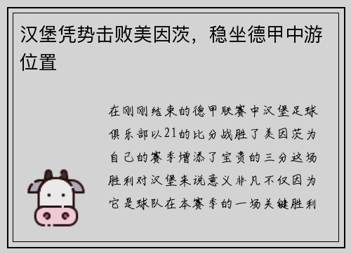 汉堡凭势击败美因茨，稳坐德甲中游位置