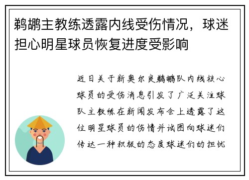 鹈鹕主教练透露内线受伤情况，球迷担心明星球员恢复进度受影响