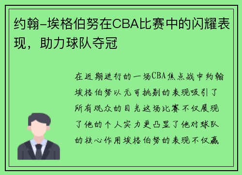 约翰-埃格伯努在CBA比赛中的闪耀表现，助力球队夺冠