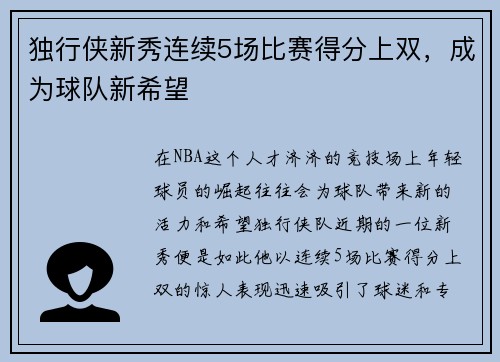 独行侠新秀连续5场比赛得分上双，成为球队新希望